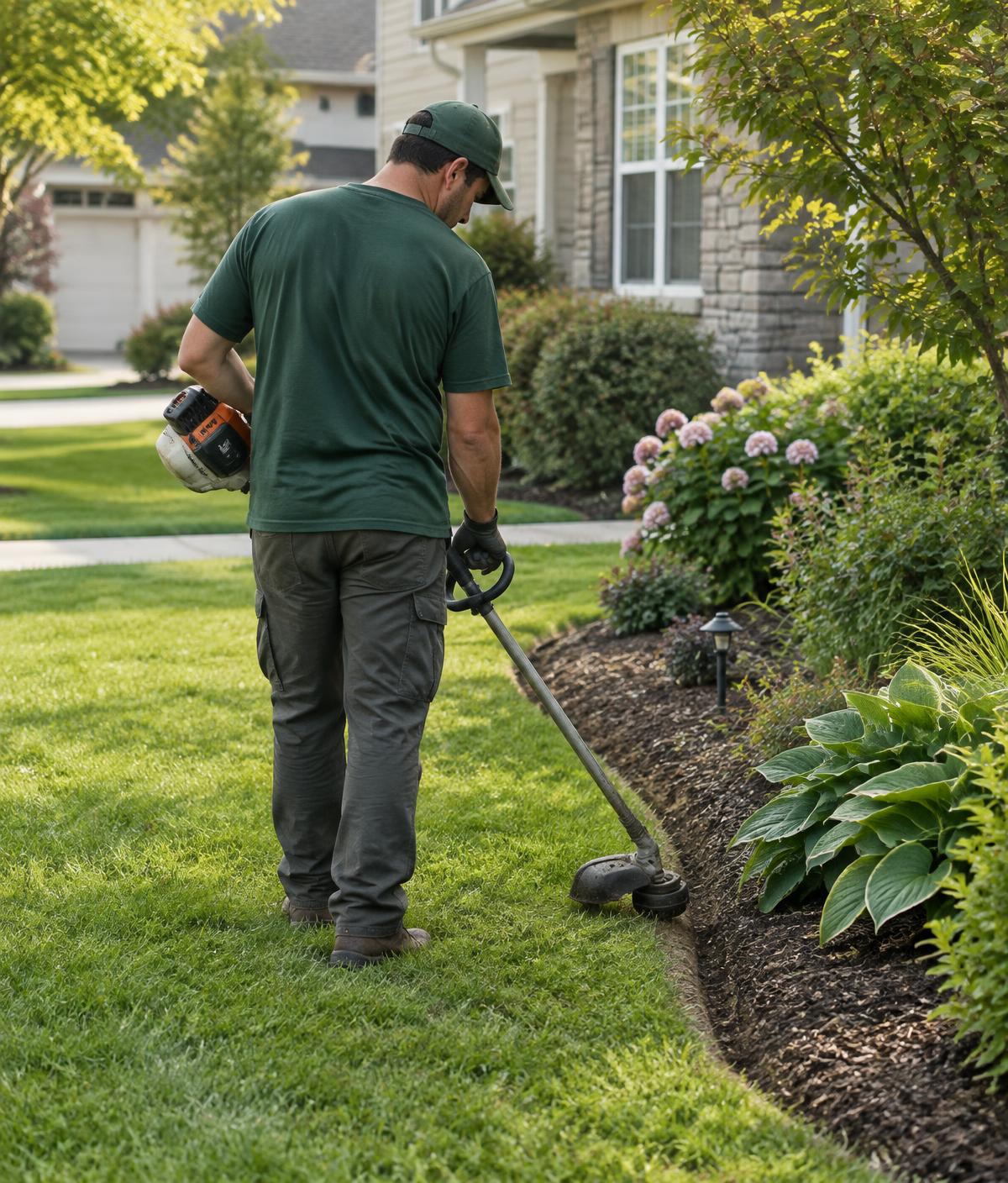 A Harbor Ridge landscaper edging a mulched garden bed on a residential lawn