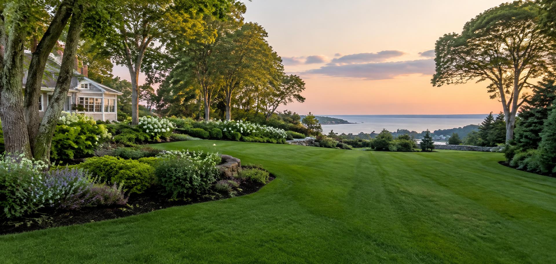 Manicured lawn and layered garden beds at a shoreline property in evening light