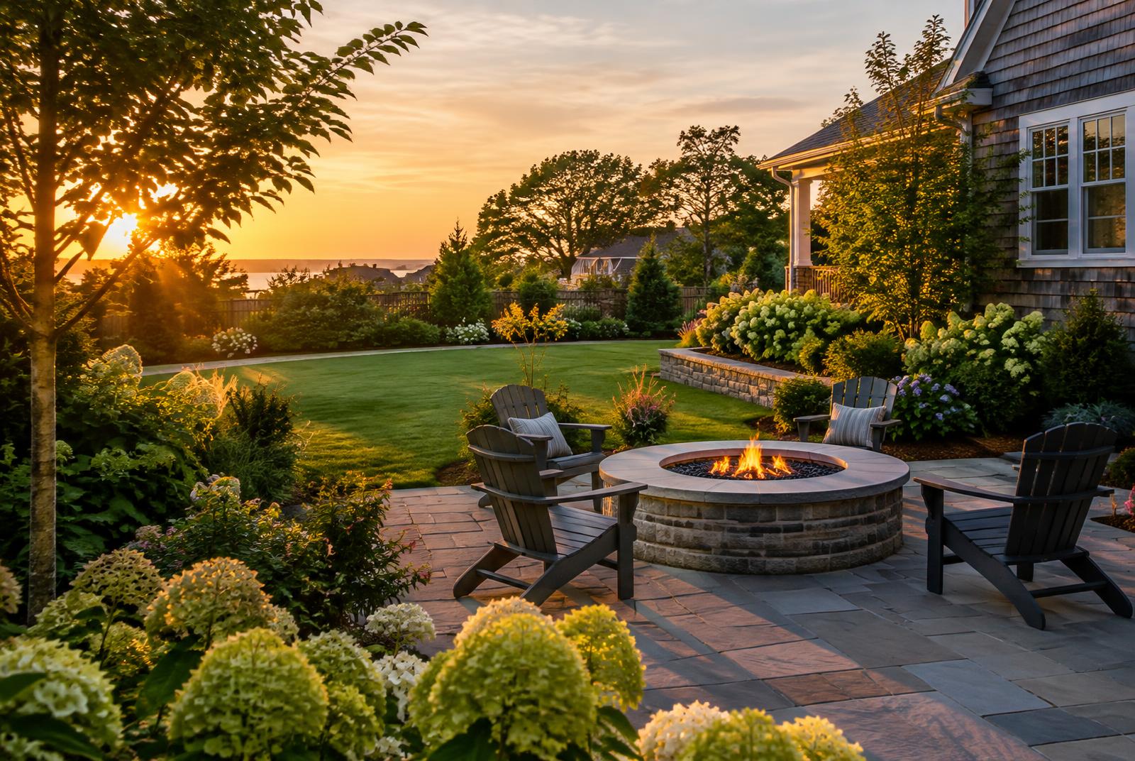Backyard patio framed by manicured lawn and plantings