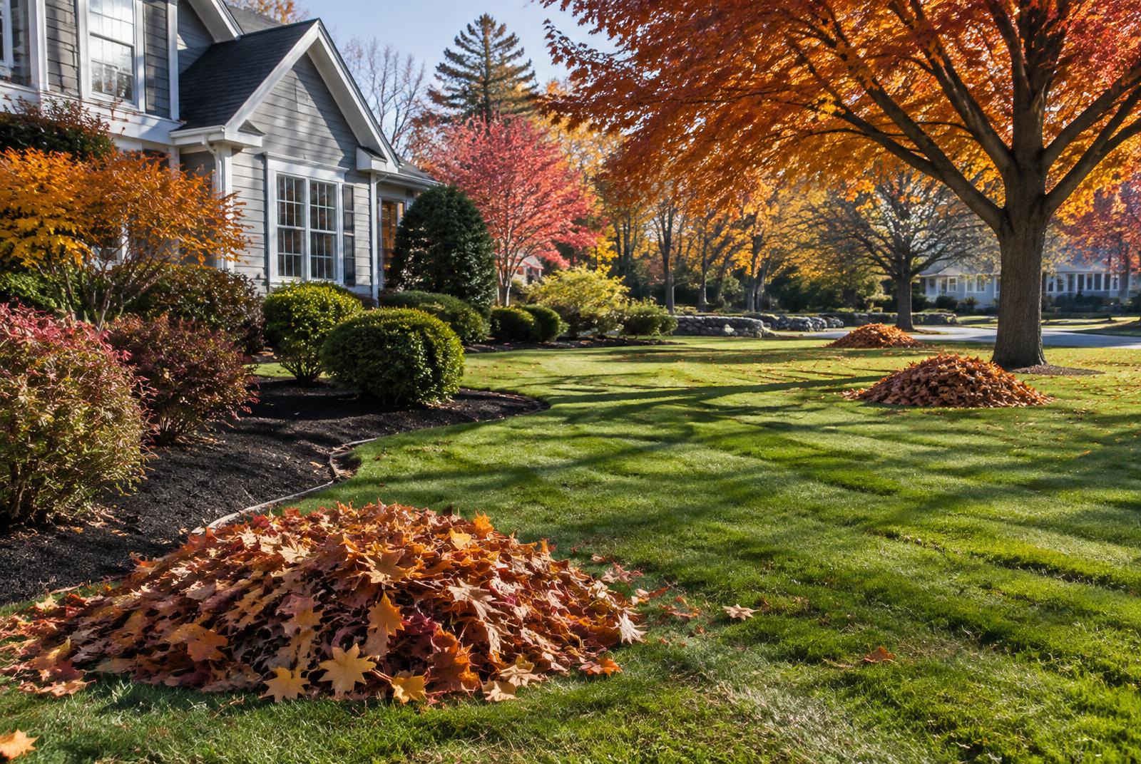 Seasonal fall clean-up on a tidy residential lawn