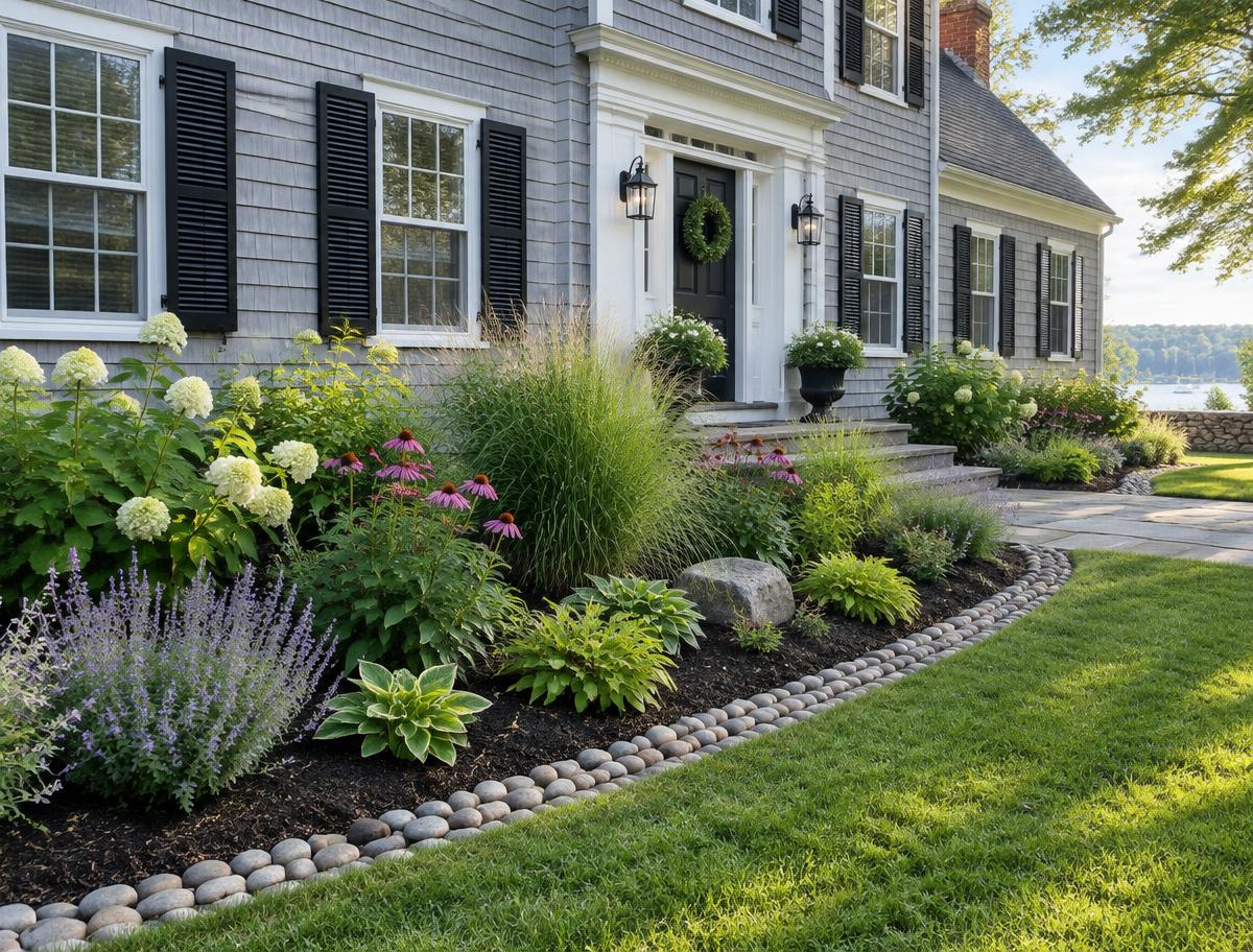 Perennial bed with a river stone border