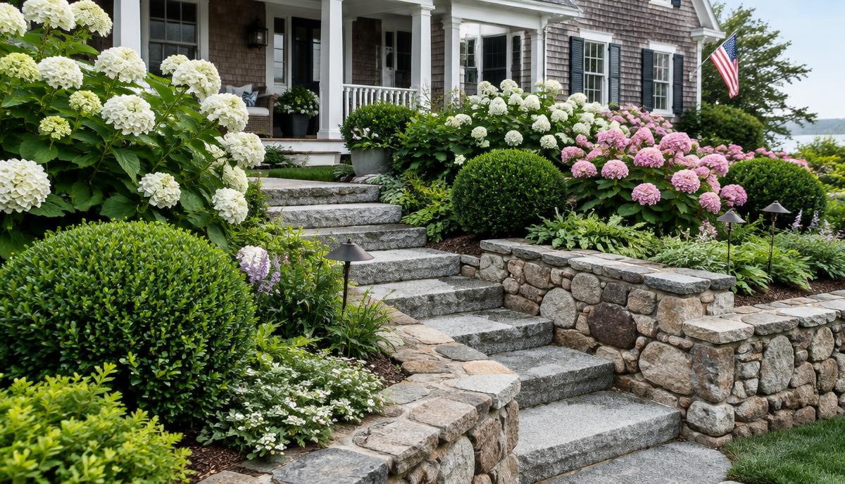 Granite steps and fieldstone walls lined with white and pink hydrangeas at a shingled home