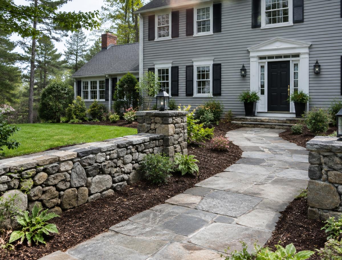 Fieldstone wall and bluestone walkway at a colonial home