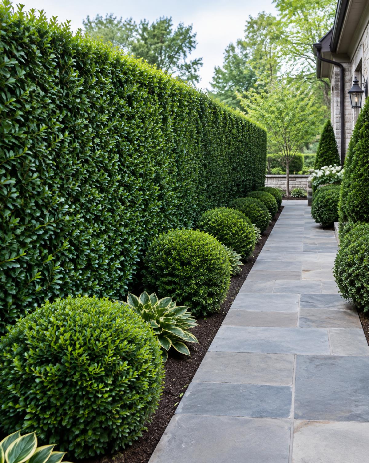 Neatly trimmed hedges along a stone path