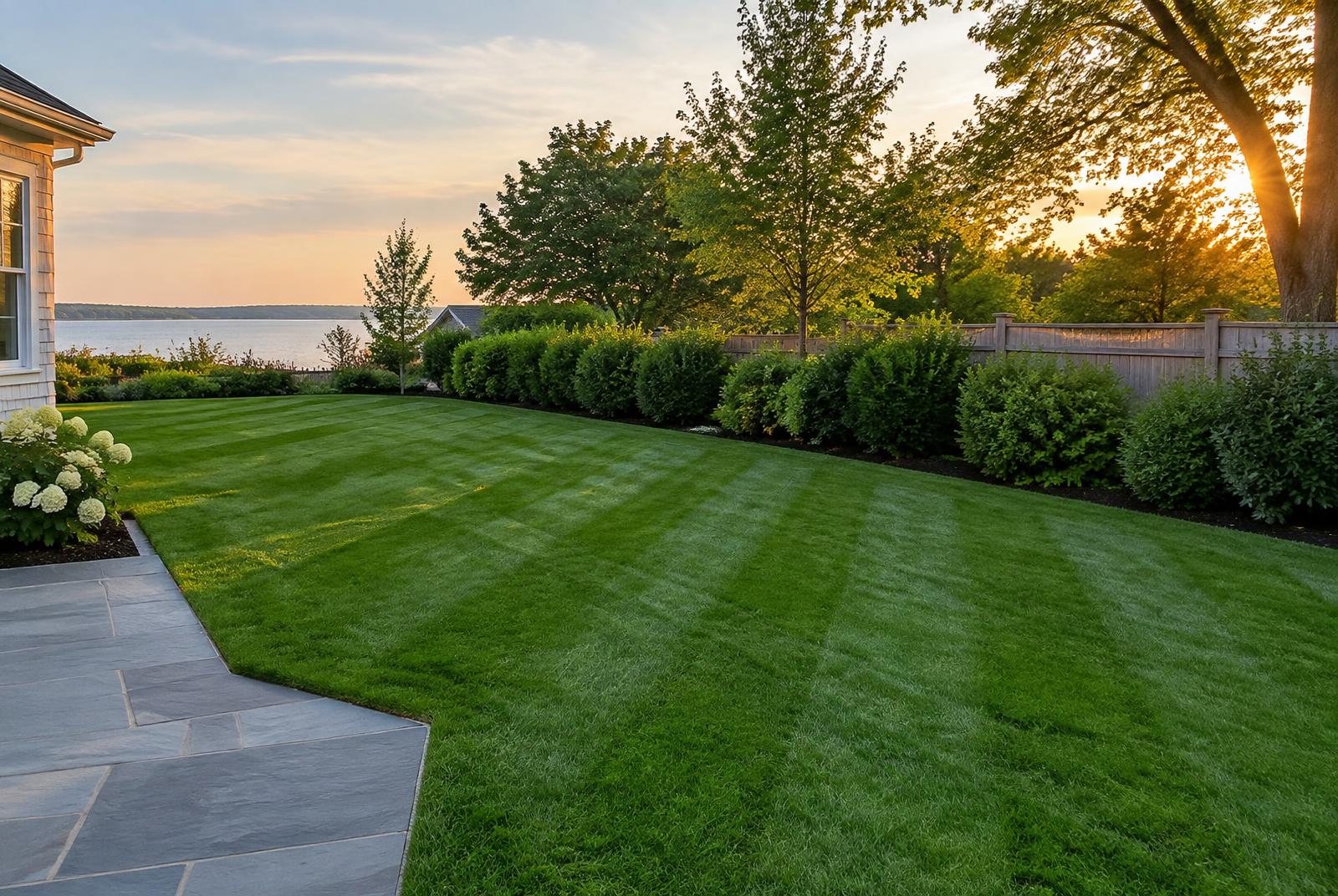 Large residential lawn with crisp professional mowing stripes