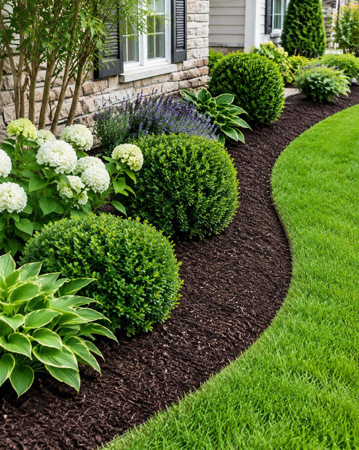 Curved mulched bed with boxwoods and hydrangeas