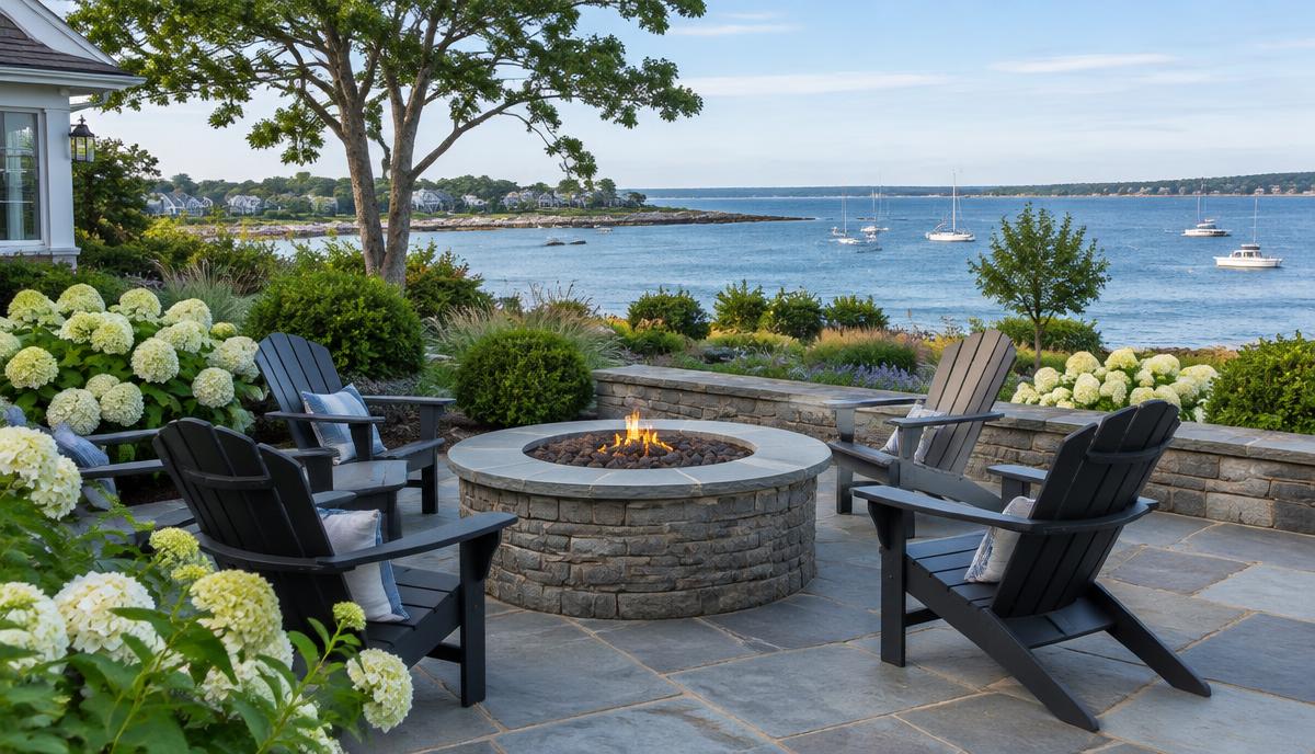 Bluestone patio with a stone fire pit and Adirondack chairs overlooking a coastal harbor