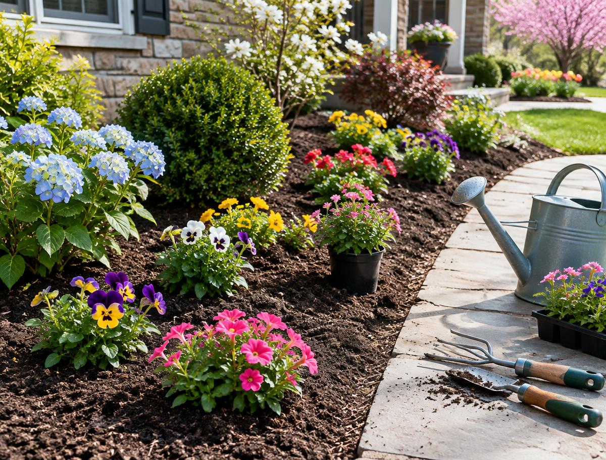Fresh spring plantings along a front walkway